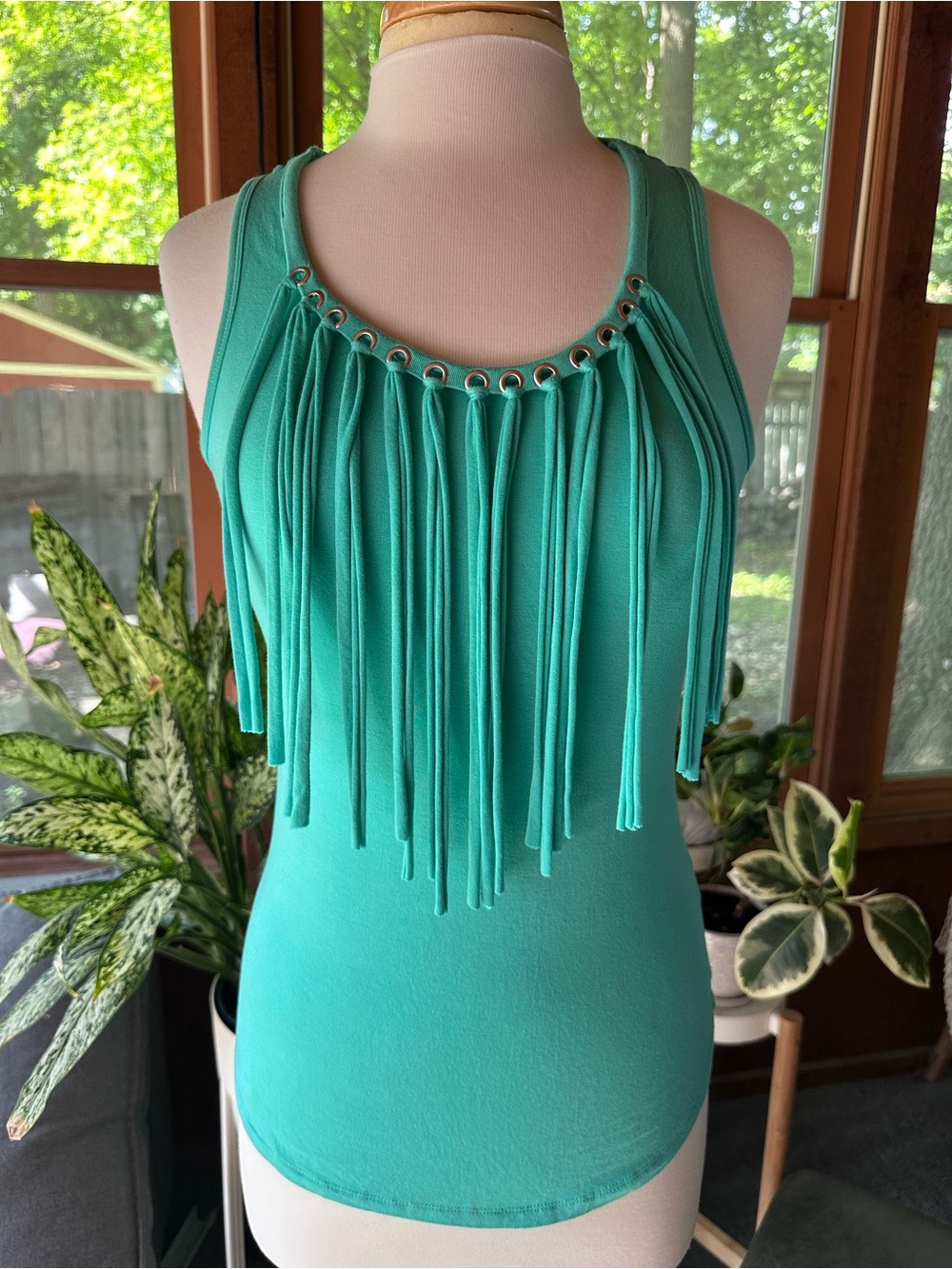 Michael Kors Women's Teal Fringe Tank with medal grommets